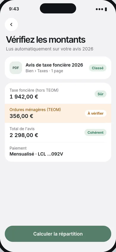 Écran de vérification des montants lus sur l'avis de taxe foncière