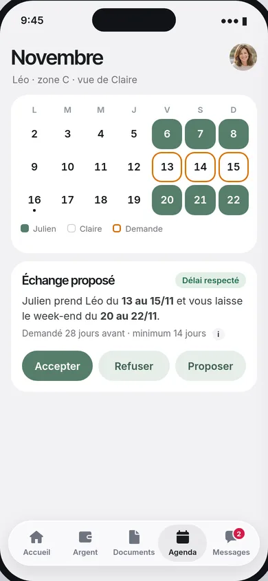 Calendrier de novembre avec une demande d'échange de week-end et le délai de prévenance respecté