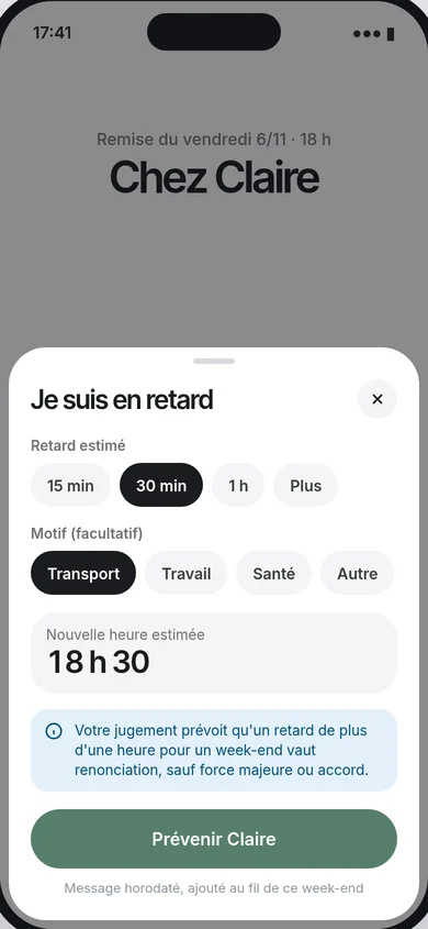 Volet « Je suis en retard » : choix de 30 minutes, motif transport, nouvelle heure estimée 18 h 30