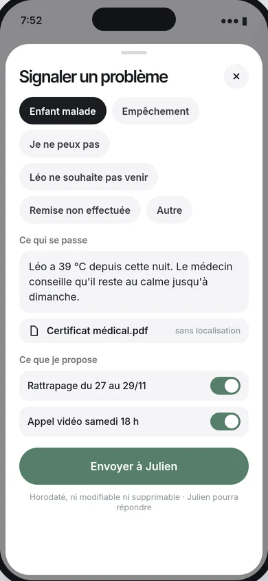 Volet « Signaler un problème » : enfant malade, certificat médical joint, rattrapage et appel vidéo proposés