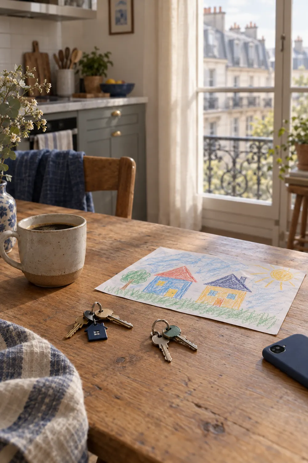 Deux trousseaux de clés et un dessin d'enfant représentant deux maisons sur une table de cuisine